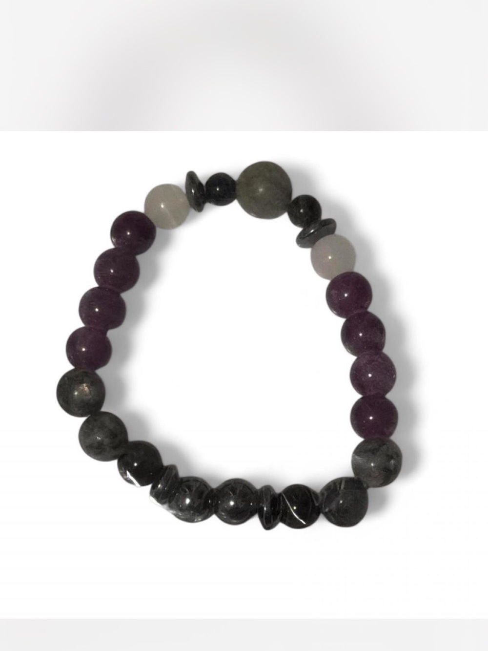Zen Gemstone Beaded Stretch Bracelet in Purple, Gray and White